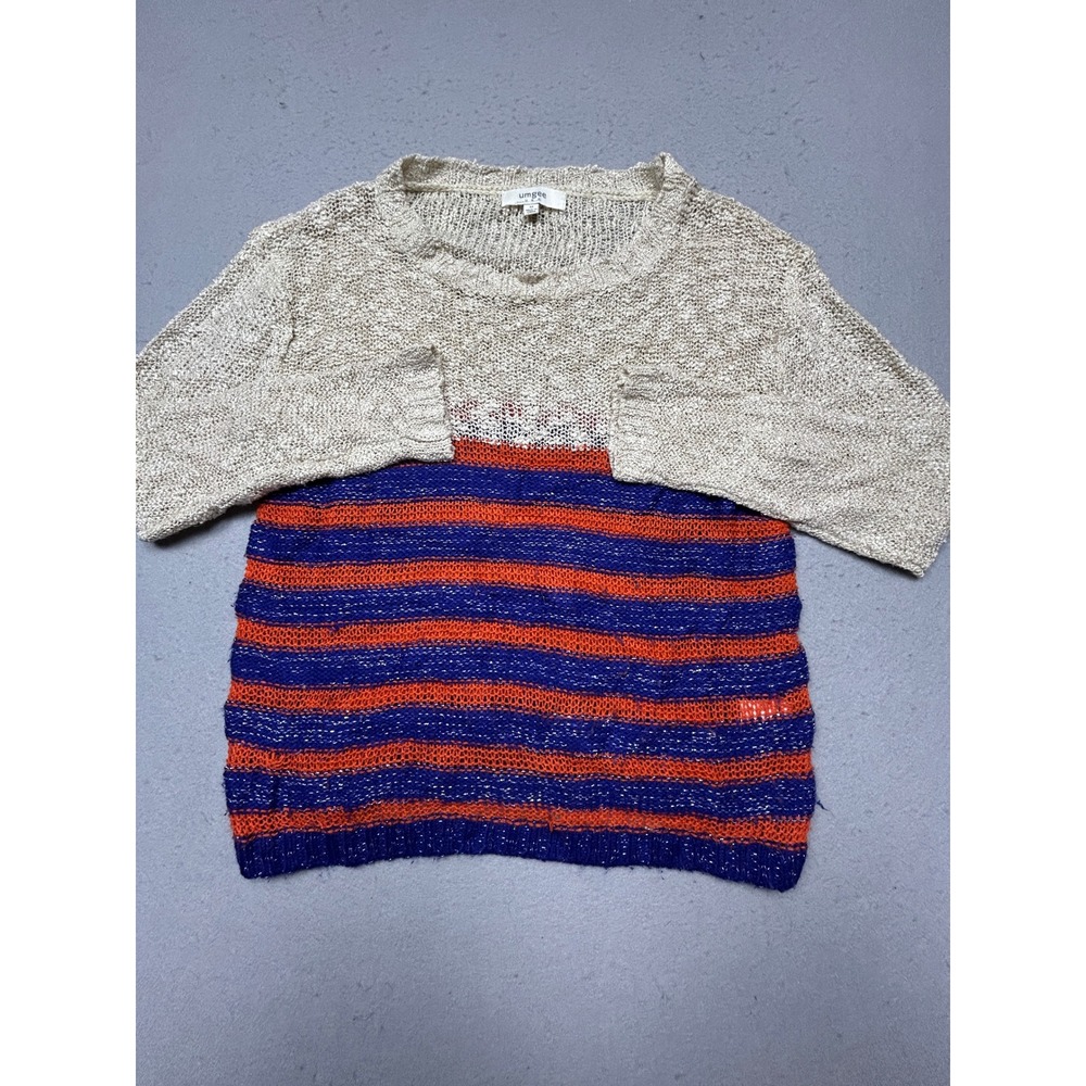 Umgee Sweater Open Knit Beige Blue Orange Striped Medium Womens